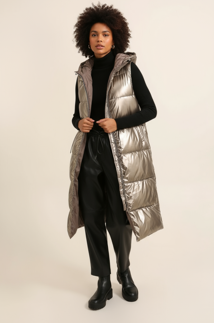 Long Gold Metallic Sleeveless Padded Coat - Main Image