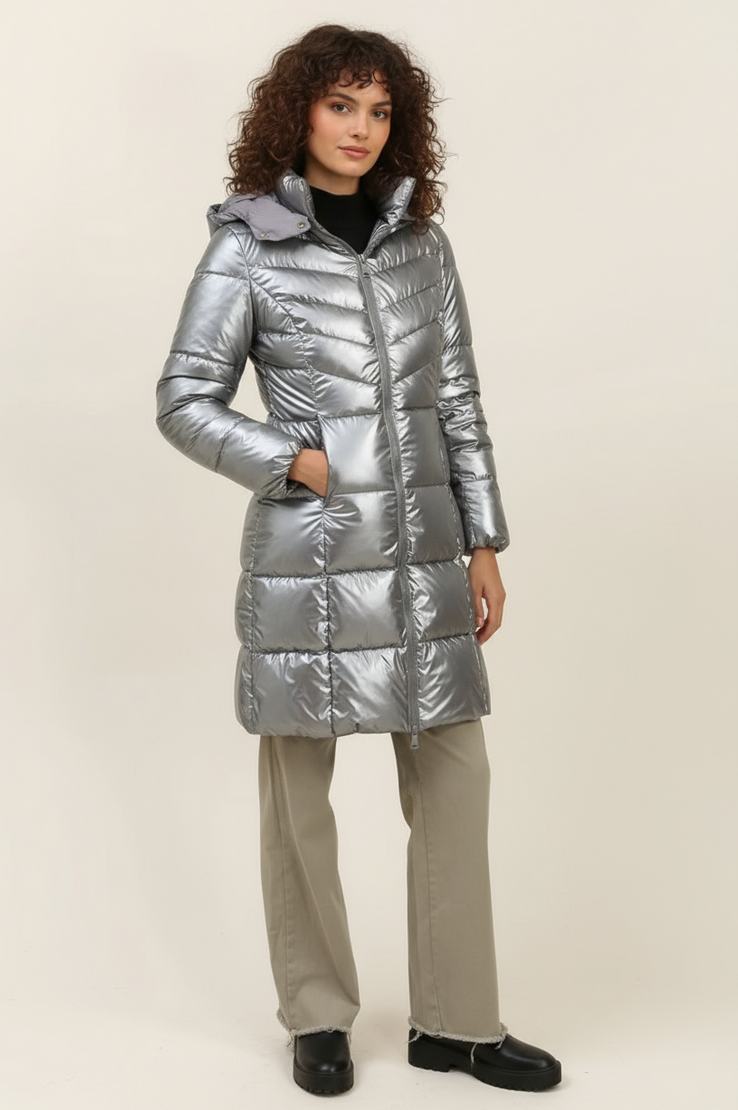Mid-Length Silver Quilted Down Jacket