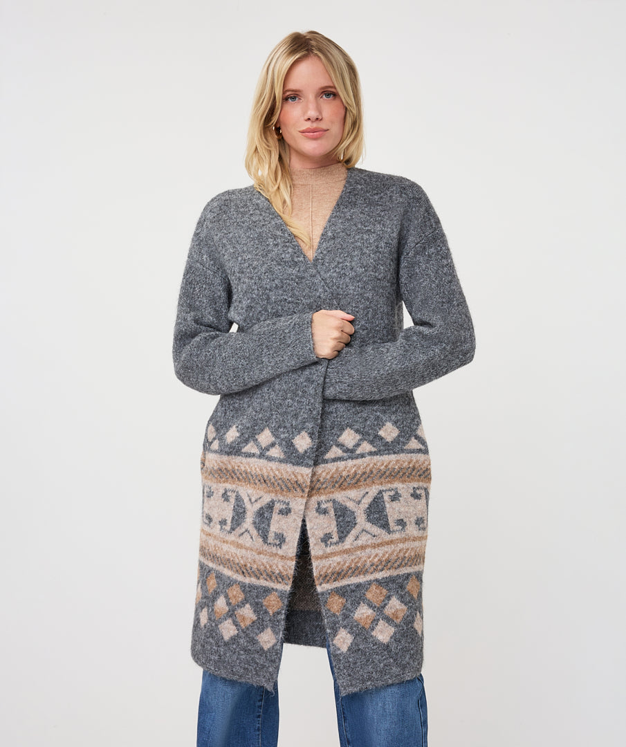EsQualo Intarsia Pattern Long Cardigan, Grey