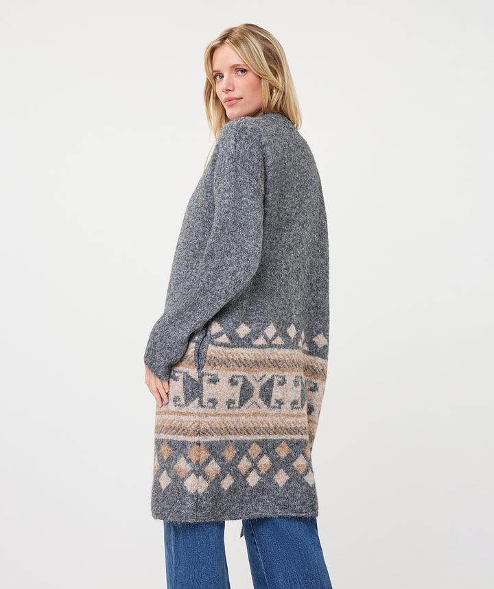 EsQualo Intarsia Pattern Long Cardigan, Grey