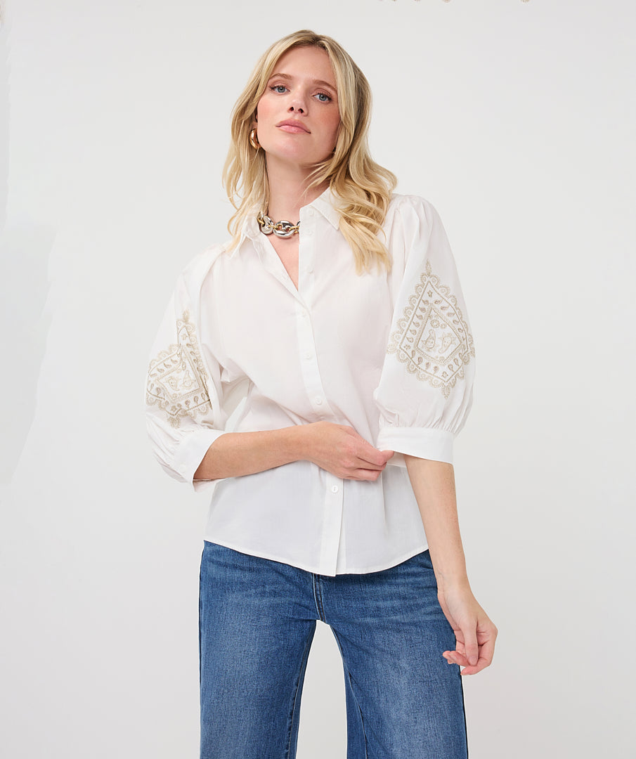 EsQualo Embroidery Poplin Blouse, Off White