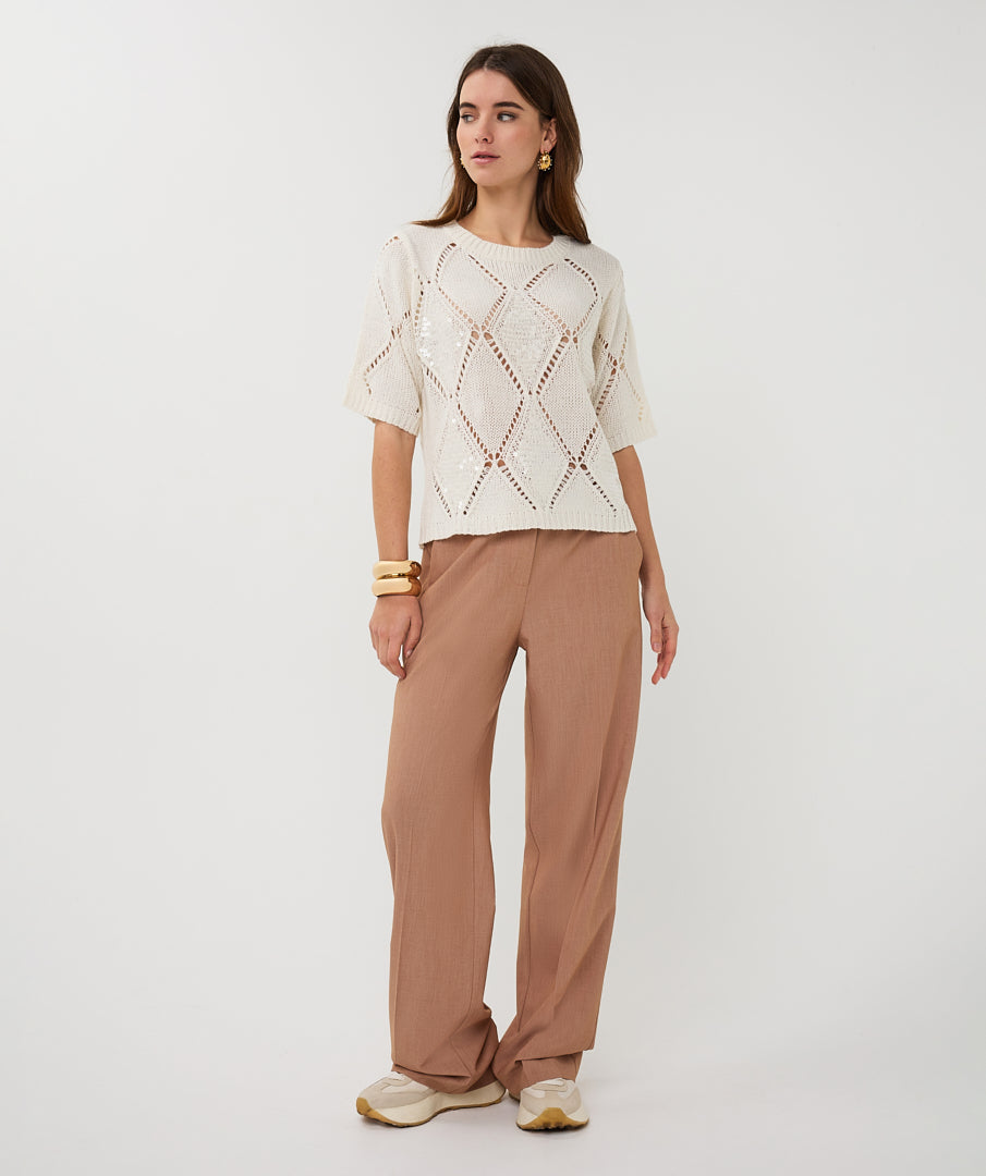 EsQualo Ecru Sweater Ajour Diamond Sequins