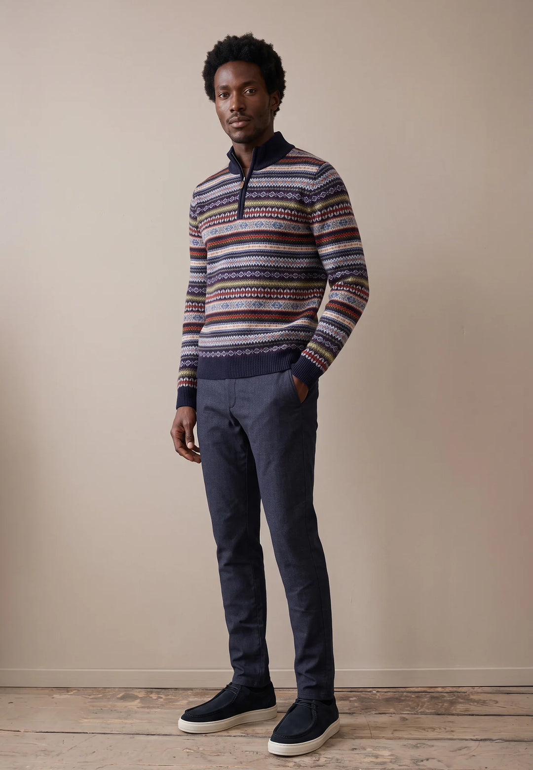 Fynch Hatton Wool Patterned Zip Jumper, Navy