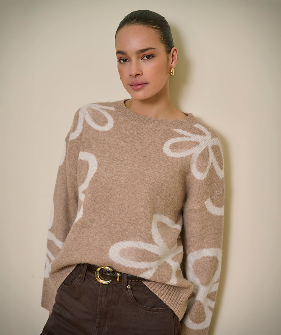 EsQualo Knitted 'Intarsia' Jumper, Sand