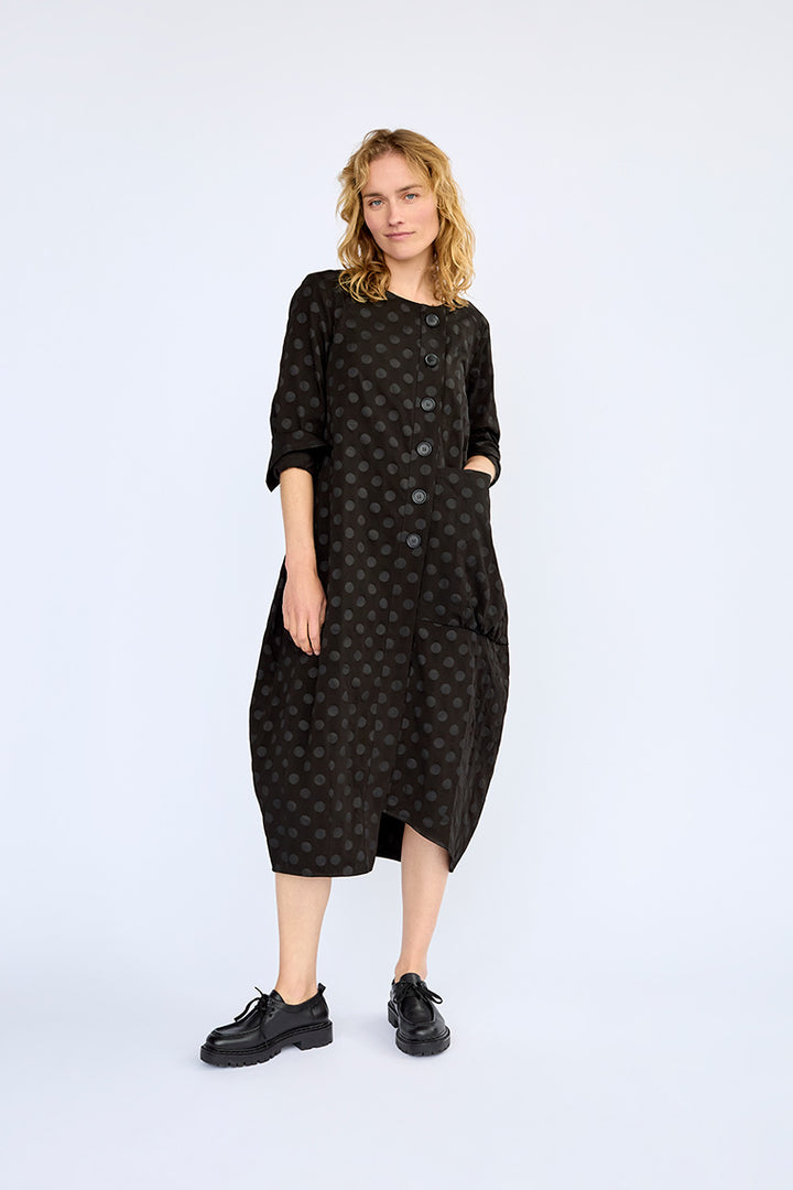 Elsewhere Cotton Dot Balloon Button Black Dress