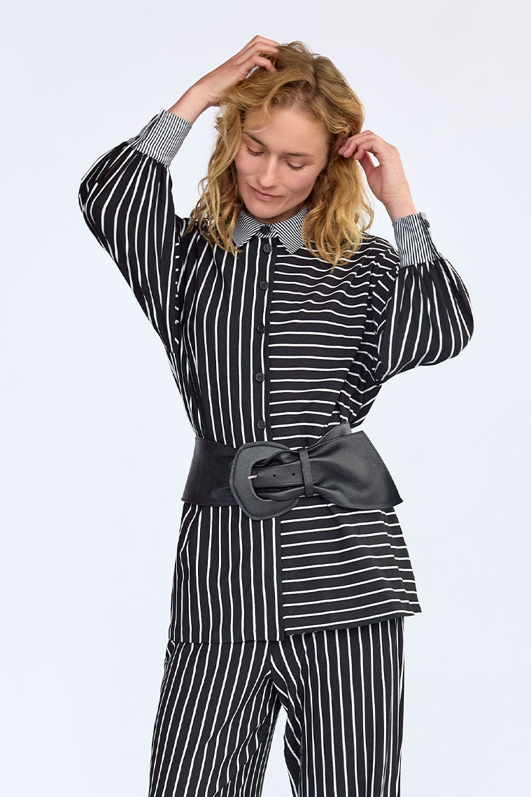 Elsewhere Balloon Sleeve Stripe Jersey Black Blouse