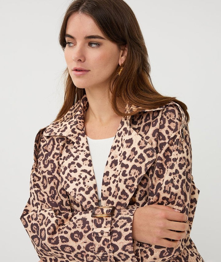 EsQualo Leopard Print Short Trench Coat