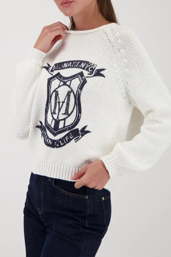 Monari Off White Knitted Sweater With Emblem