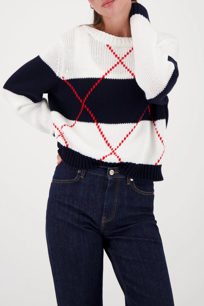 Monari Navy Block Striped Sweater & Inlay Pattern