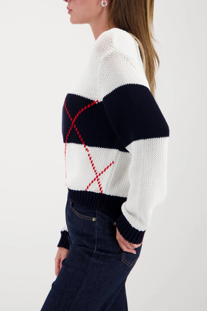 Monari Navy Block Striped Sweater & Inlay Pattern