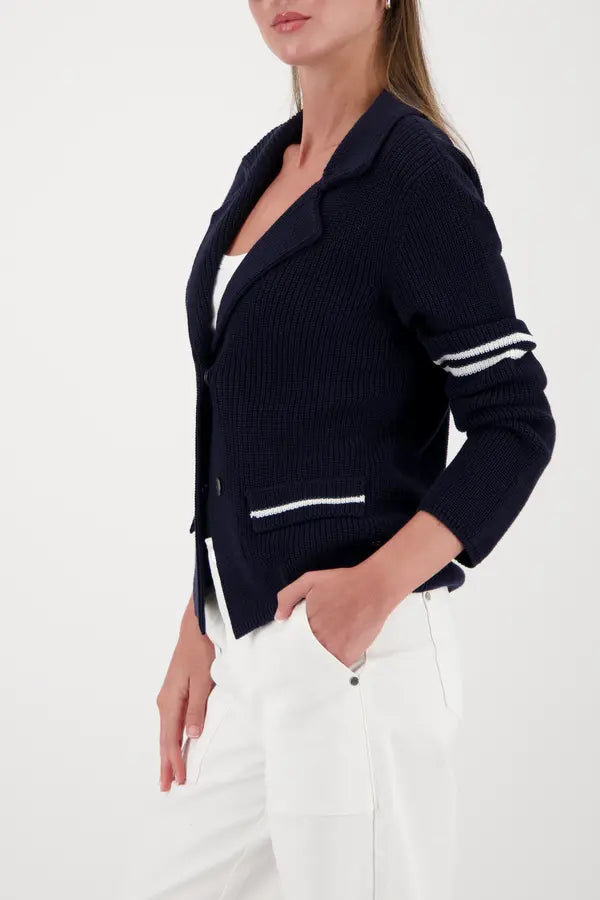 Monari Navy Knitted Blazer With Stripe Details