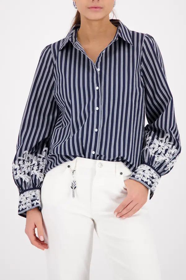 Monari Navy Striped Blouse With Lace
