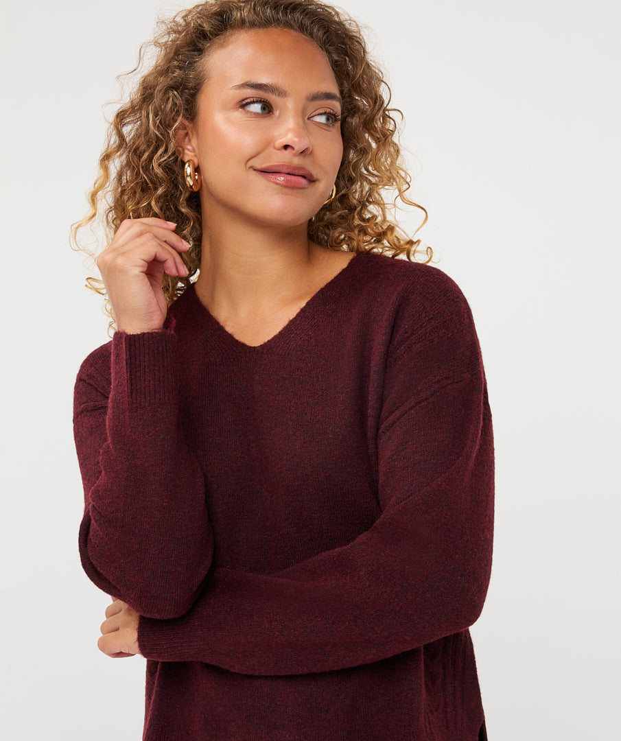 EsQualo Cable Knit V-Neck, Merlot