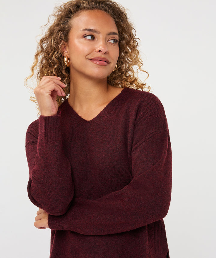 EsQualo Cable Knit V-Neck, Merlot