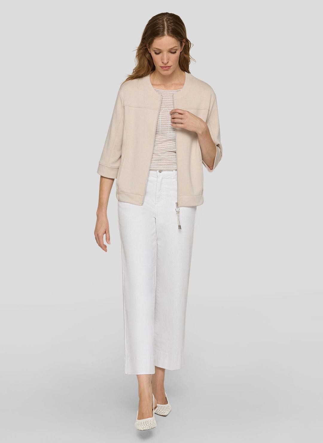Rabe Beige Zipped 3/4 Sleeve Sweat Jacket