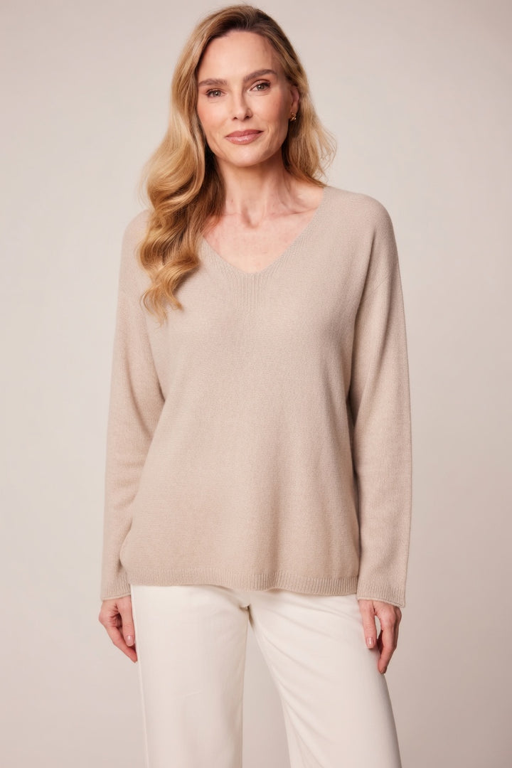 Decollage Beige V-Neck Boyfriend Knit