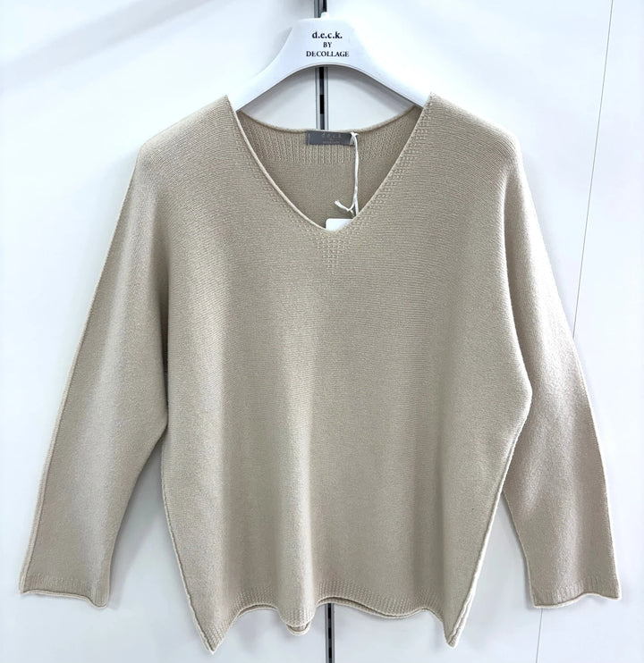 Decollage Beige V-Neck Boyfriend Knit