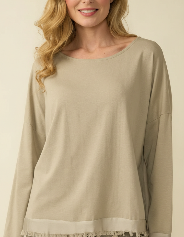 Decollage Beige Satin Trim Back Button Top