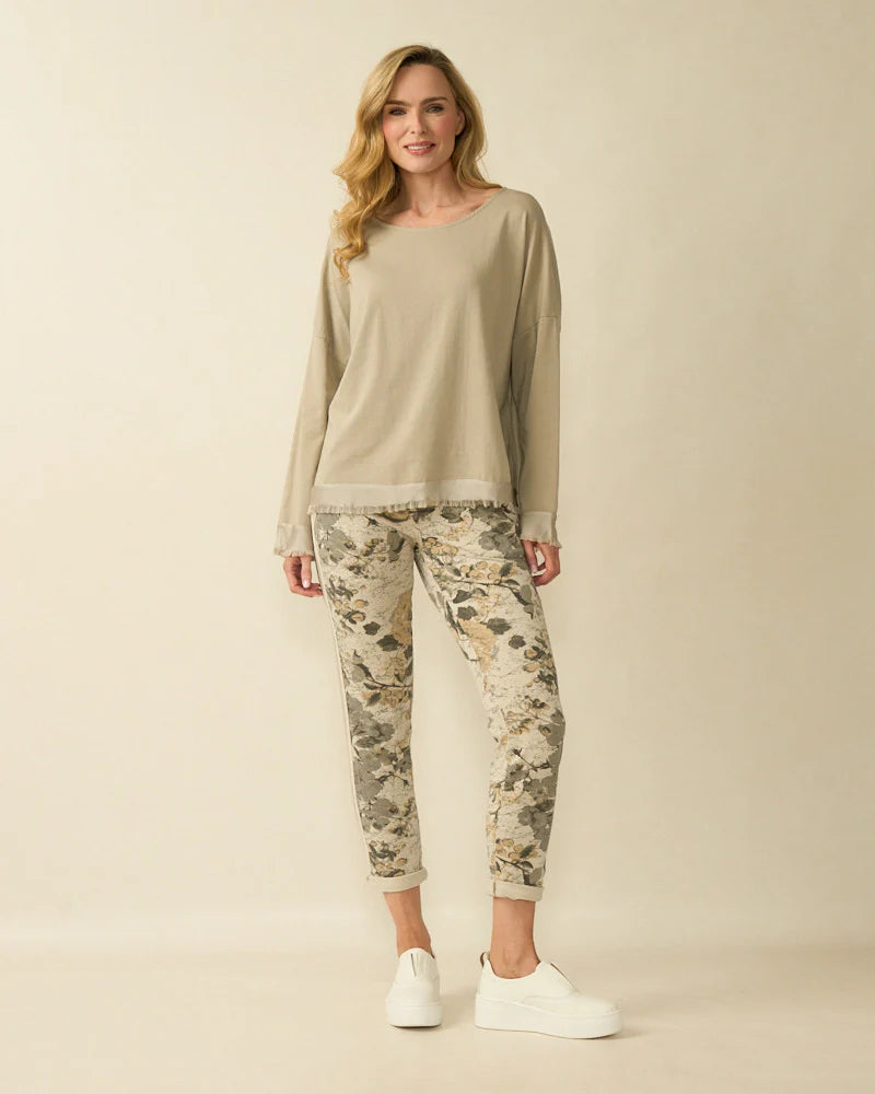 Decollage Beige Satin Trim Back Button Top