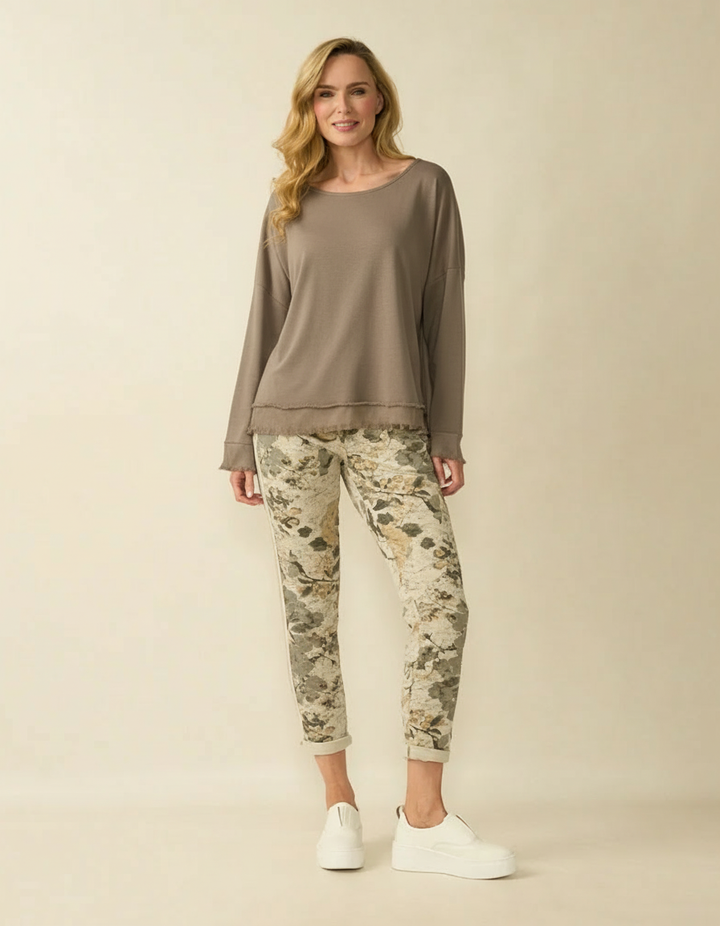 Decollage Taupe Satin Trim Back Button Top