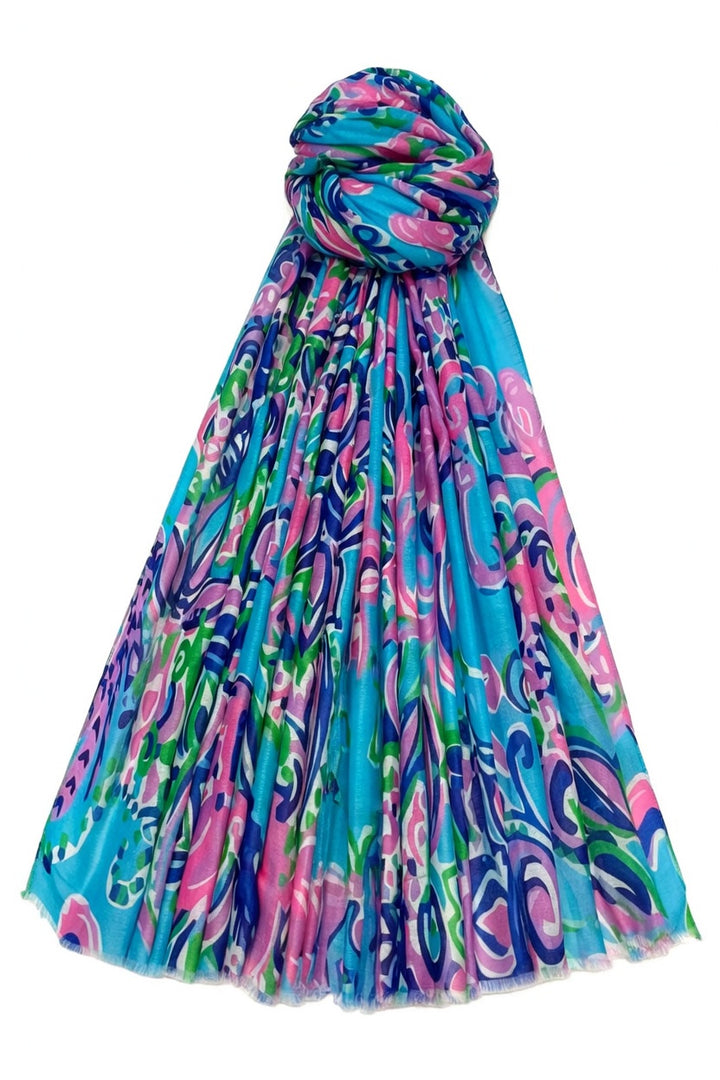 Blue Large Festival Paisley Print Frayed Scarf