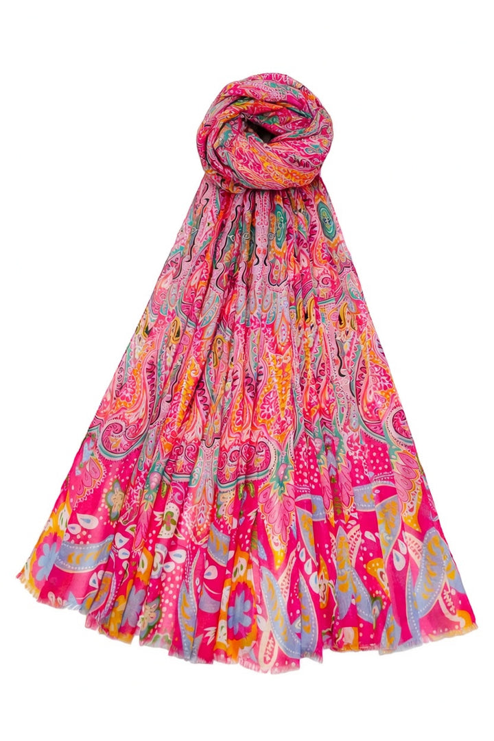 Pink Playful Bohemian Paisley Print Frayed Scarf