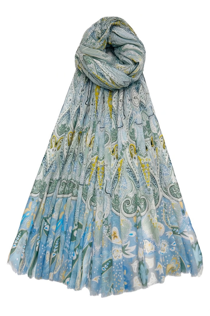 Sage Green Playful Bohemian Paisley Print Frayed Scarf
