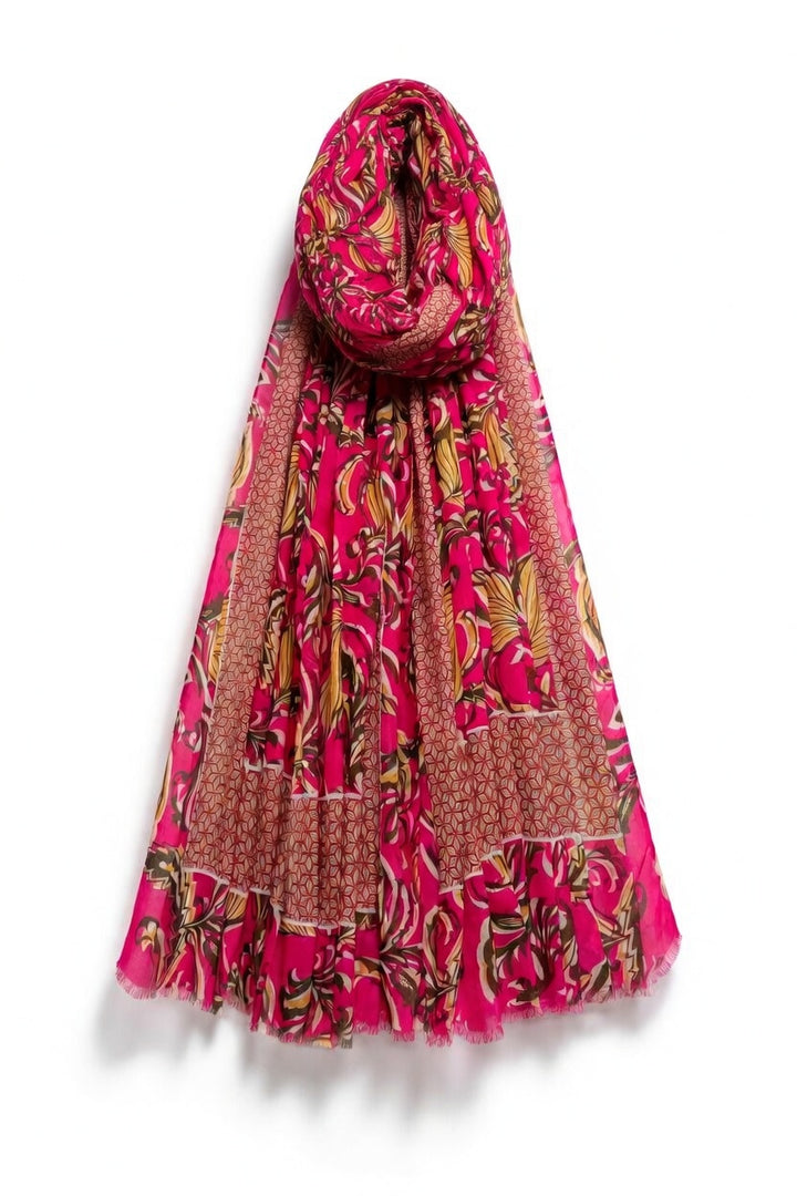 Pink Indian Inspired Leaf Print Frayed Scarf