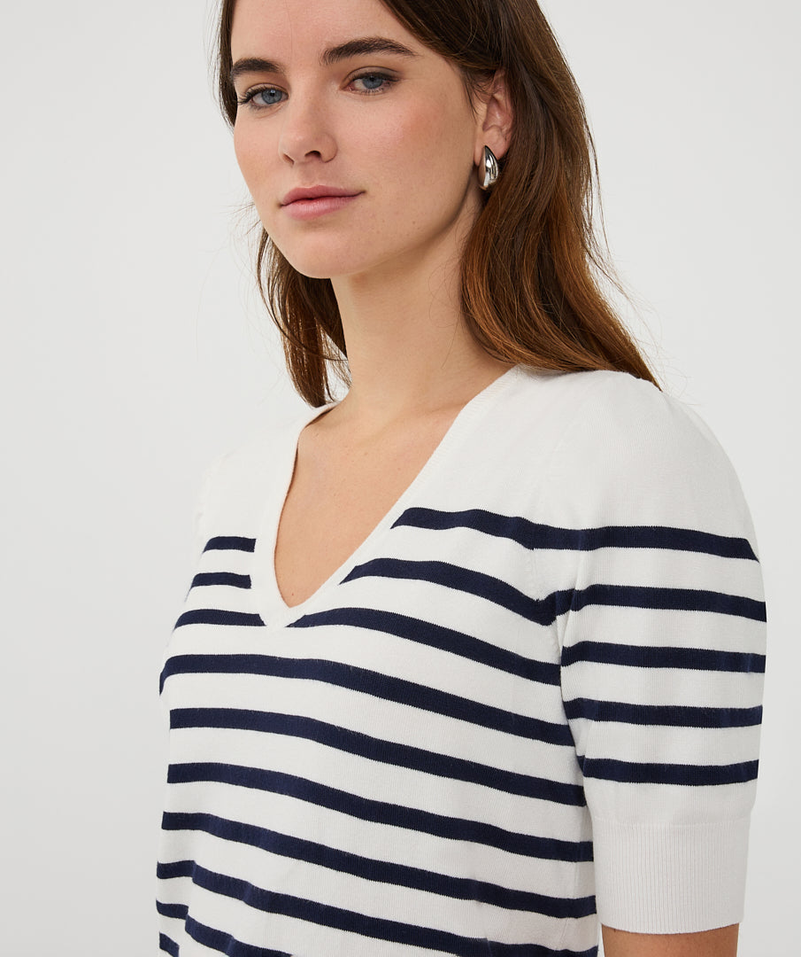 EsQualo Off White & Navy Short Sleeve Striped Knitted Sweater