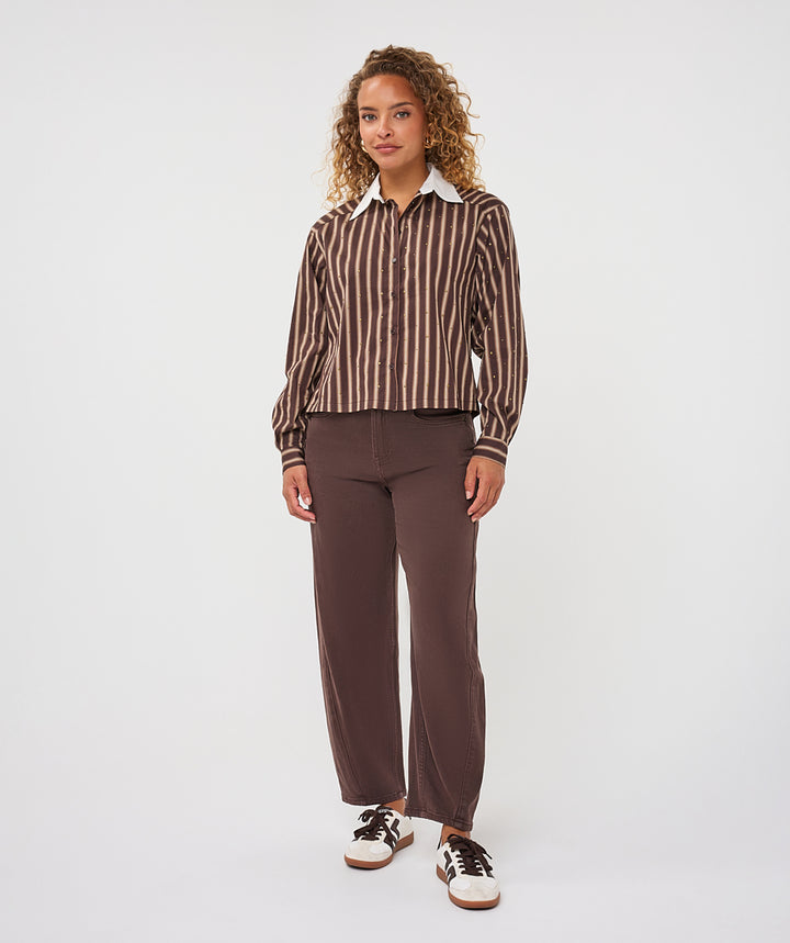 EsQualo Short Stripe Studs Shirt, Brown