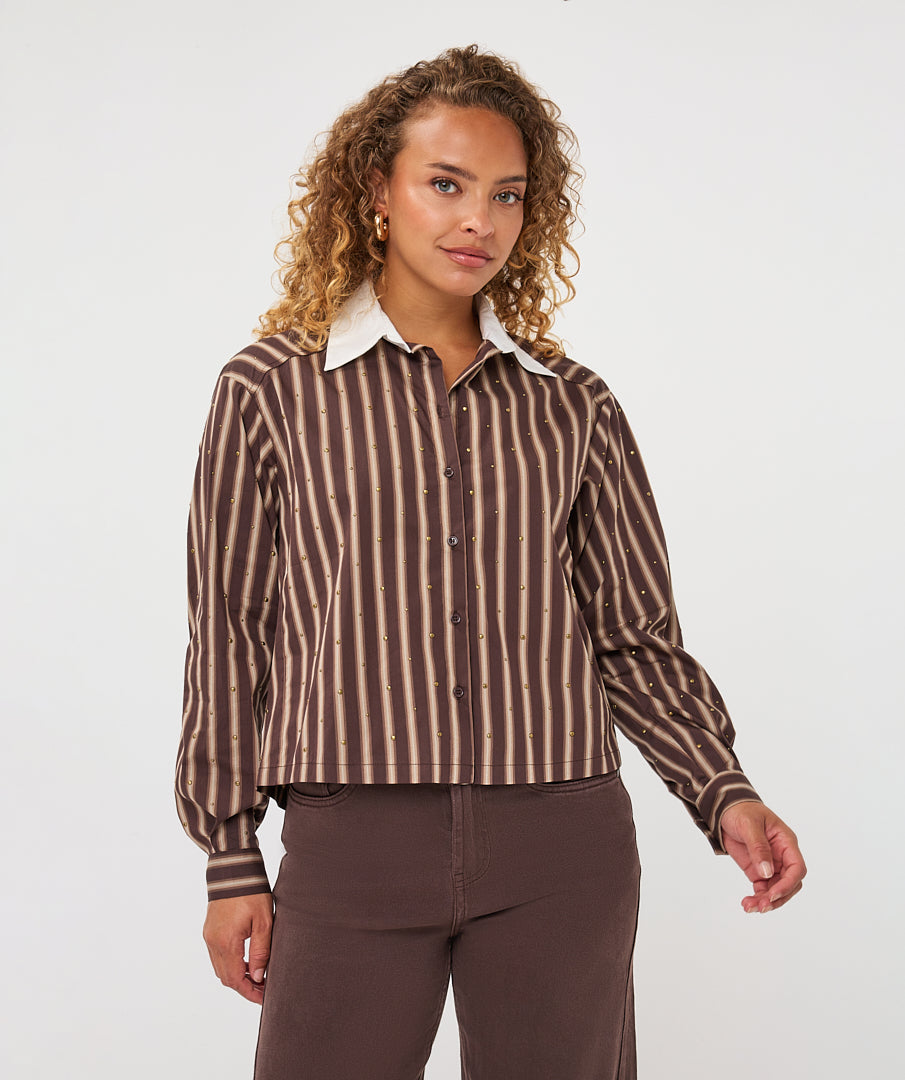 EsQualo Short Stripe Studs Shirt, Brown