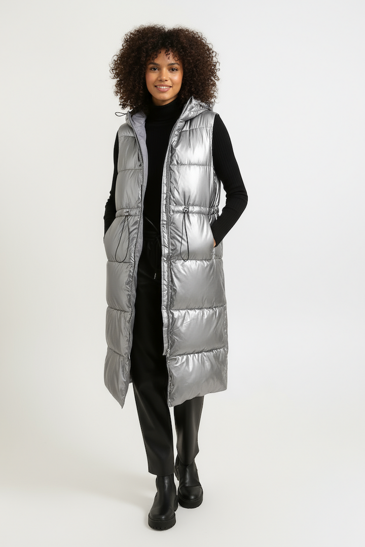 Long Silver Metallic Sleeveless Padded Coat