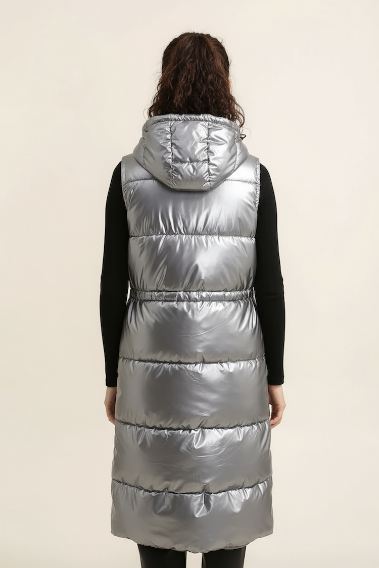 Long Silver Metallic Sleeveless Padded Coat