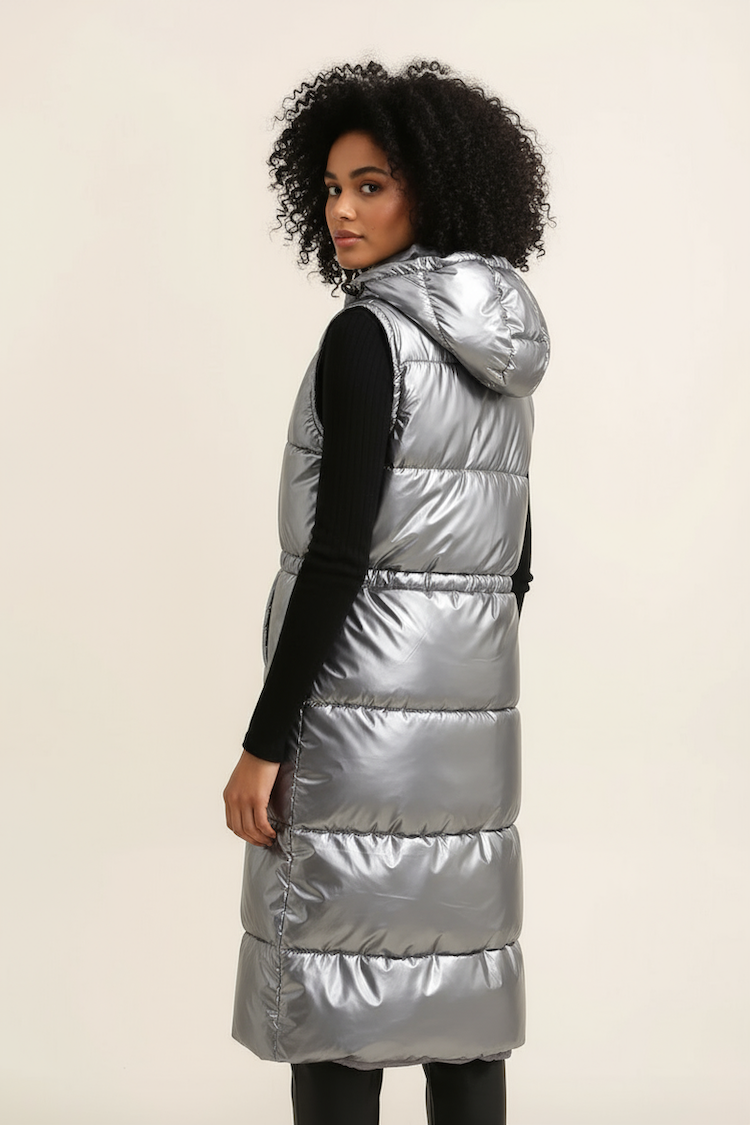 Long Silver Metallic Sleeveless Padded Coat