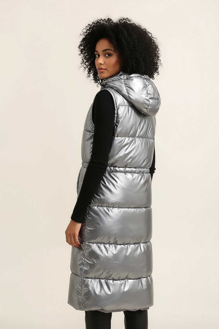 Long Silver Metallic Sleeveless Padded Coat