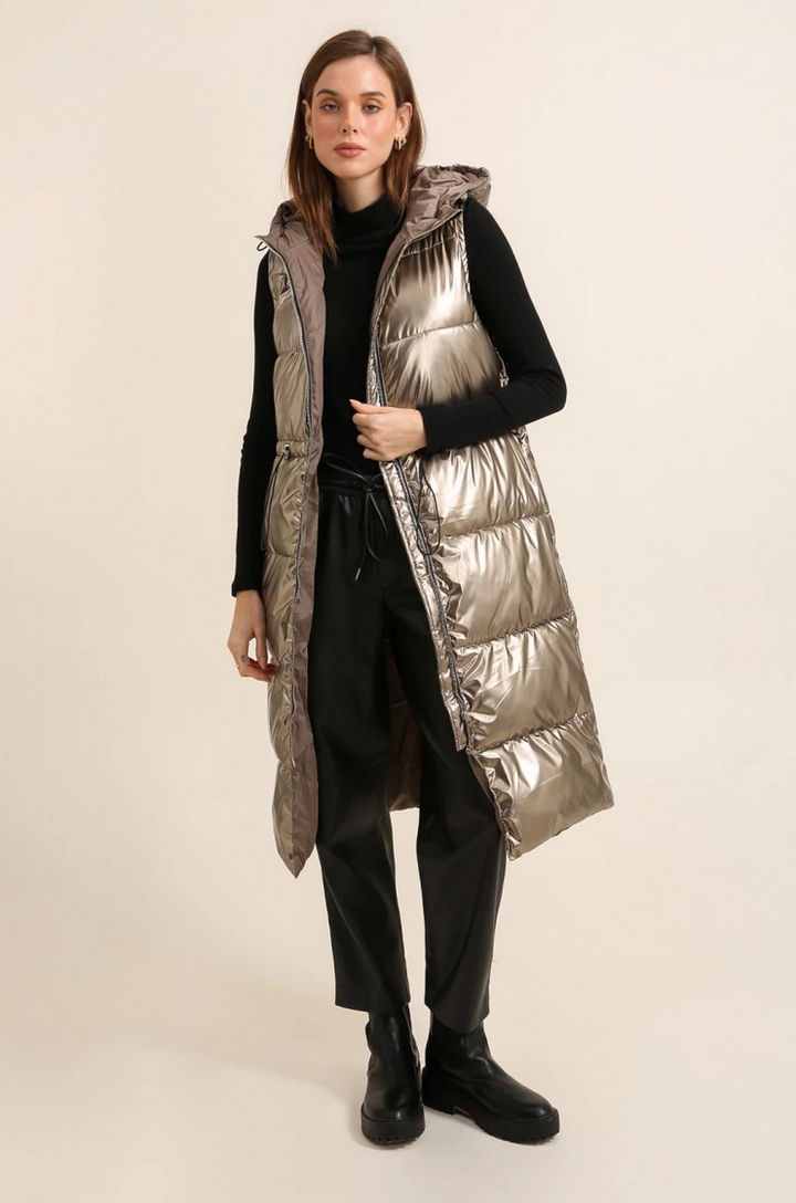 Long Gold Metallic Sleeveless Padded Coat
