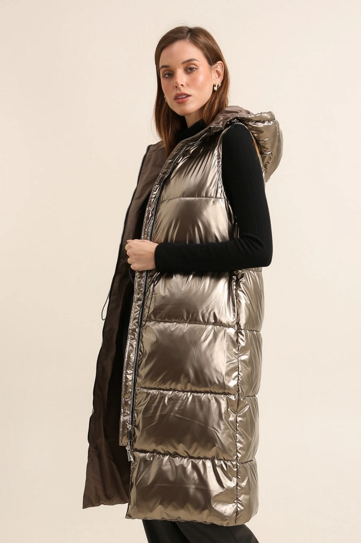 Long Gold Metallic Sleeveless Padded Coat