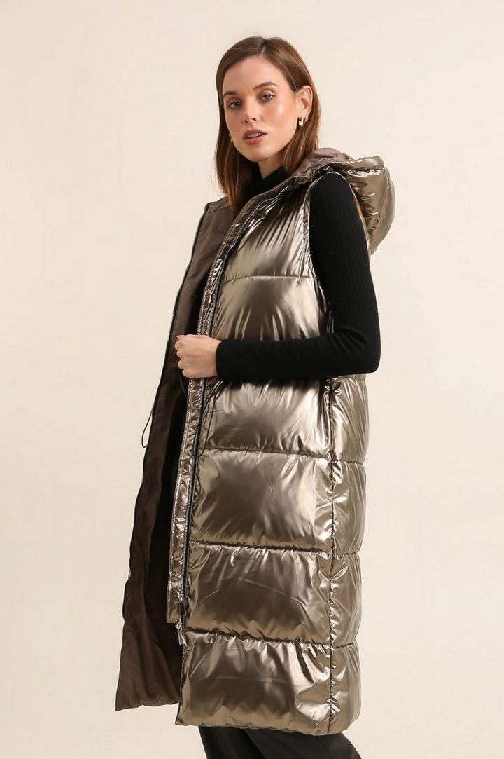 Long Gold Metallic Sleeveless Padded Coat
