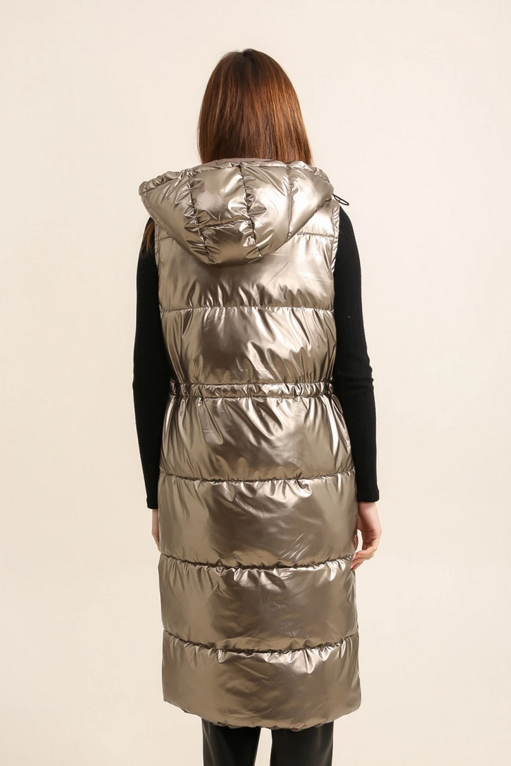 Long Gold Metallic Sleeveless Padded Coat
