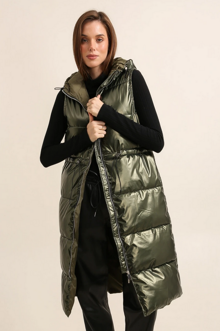 Long Kaki Metallic Sleeveless Padded Coat