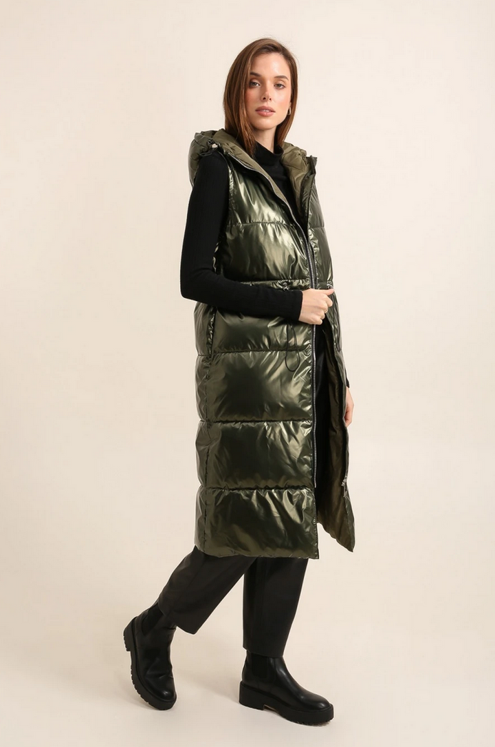 Long Kaki Metallic Sleeveless Padded Coat