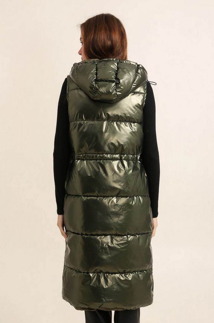 Long Kaki Metallic Sleeveless Padded Coat