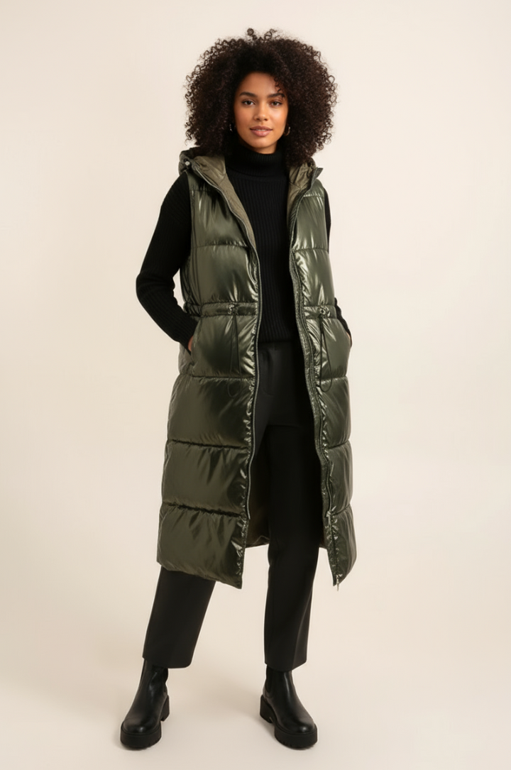 Long Kaki Metallic Sleeveless Padded Coat