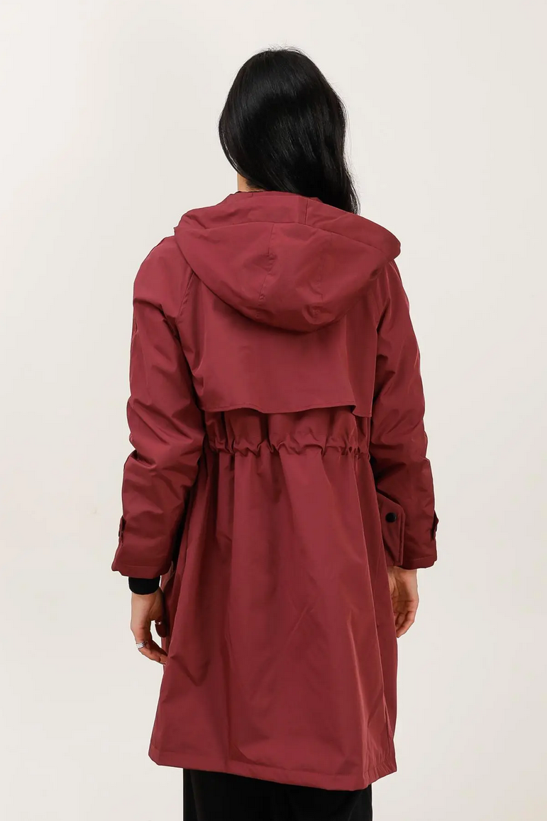 Long Burgundy Waterproof Parka with Hood
