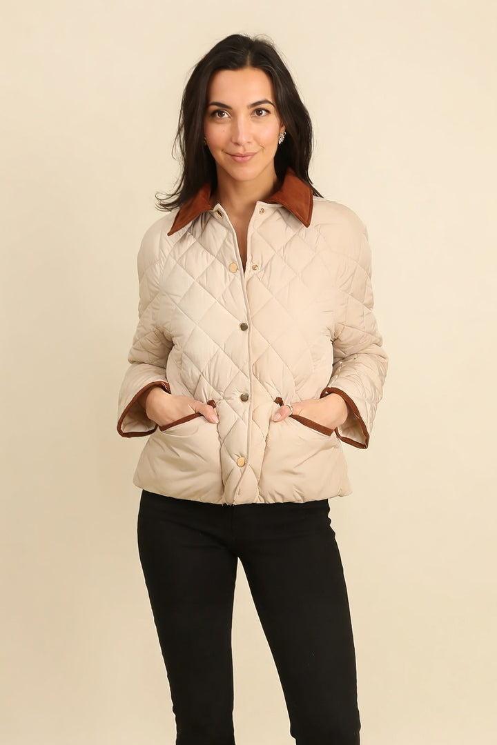 Beige Short Diamond Quilted Jacket