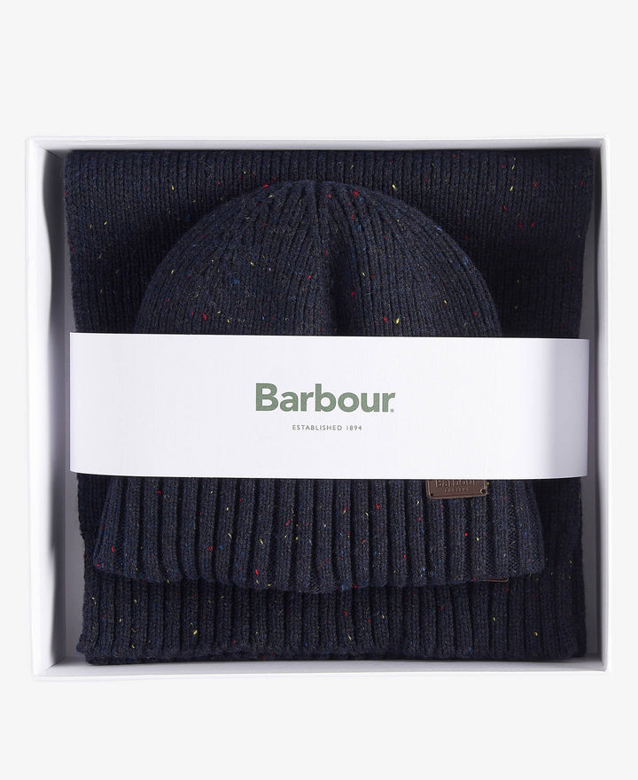 Barbour Carlton Fleck Beanie and Scarf Gift Set, Navy