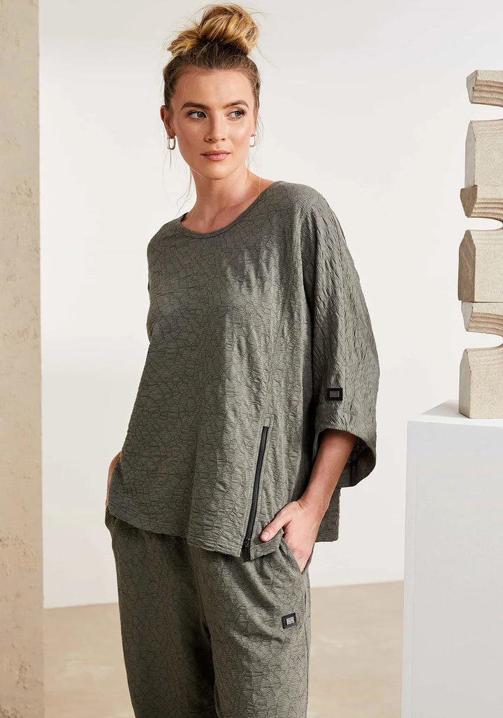 Naya Embossed Round Neck Top with Zip Detail