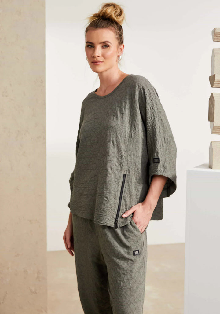 Naya Embossed Round Neck Top with Zip Detail