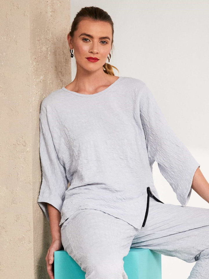 Naya Embossed Round Neck Top with Zip Detail