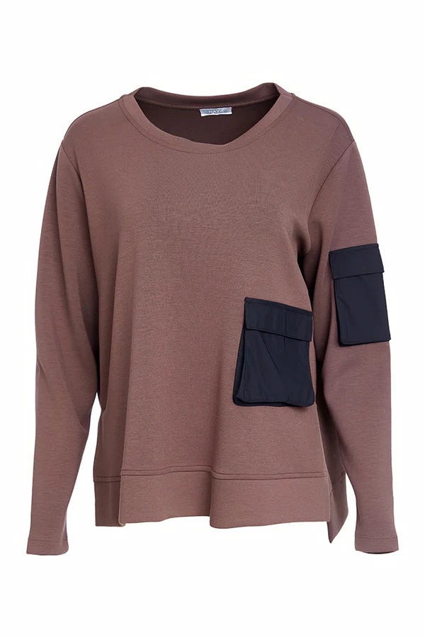 Naya Brown Round Neck Contrast Pocket Sweatshirt